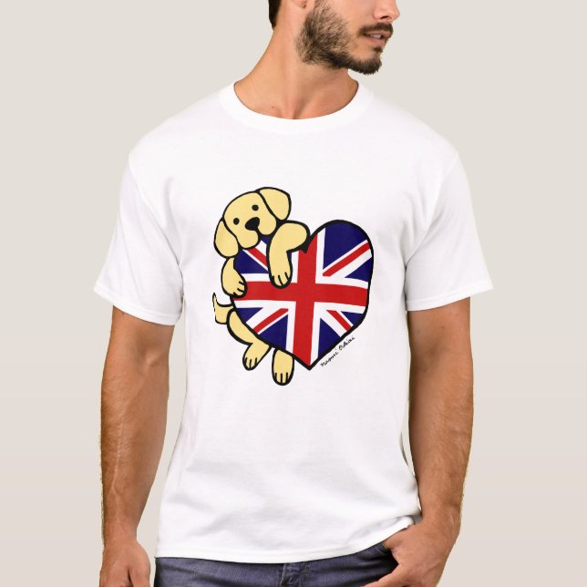 Yellow Labrador & UK Flag Heart 2 Cartoon T-Shirt (Front)