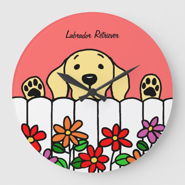 Yellow Labrador Watching You Flowers Large Clock (Front)