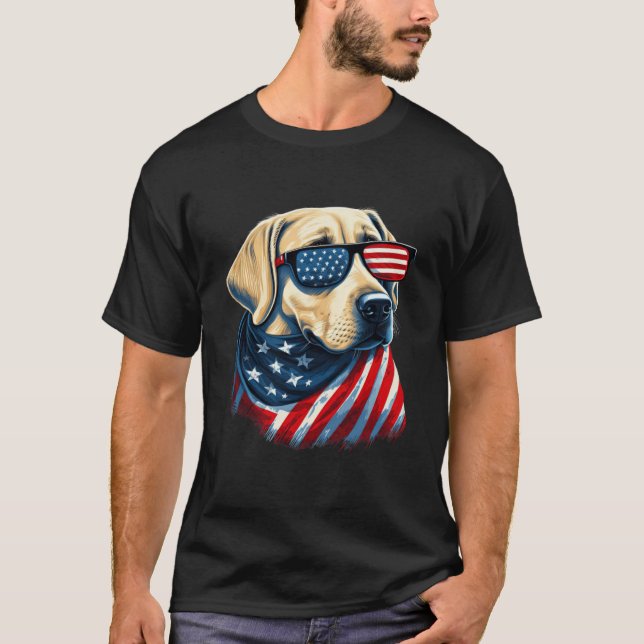 Yellow Labrador With American Flag Patriotic USA T-Shirt (Front)