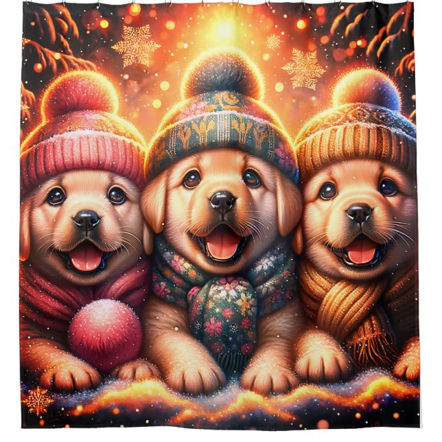 “Yellow Labs’ First Snowfall - Whimsical Winter" Shower Curtain (Front)