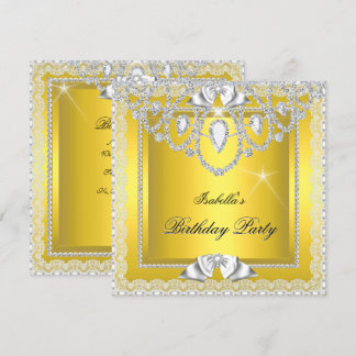 Yellow Lace Elegant Diamonds Silver Birthday Party Invitation