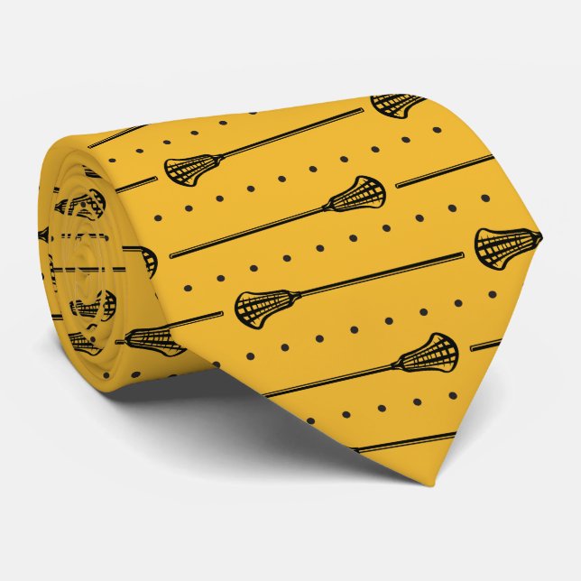 Yellow Lacrosse Black Sticks & Dots Pattern Neck Tie (Rolled)