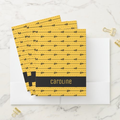 Yellow Lacrosse Black Sticks  Dotted Lines Pocket Folder