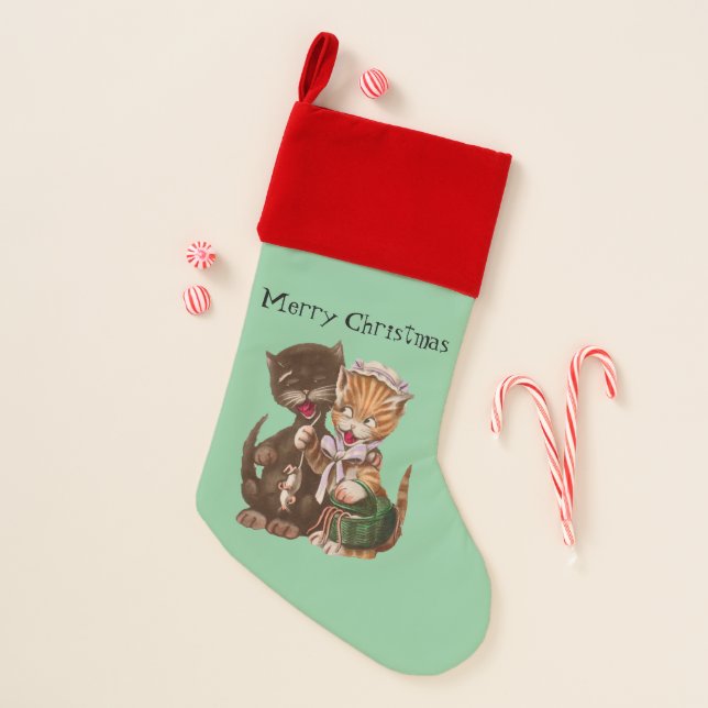 Yellow Lady Cat Giving Gift of Rats Male Cat Christmas Stocking (Front)
