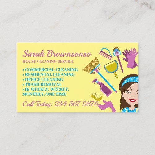 Yellow Lady House Cleaning Janitorial Gloved Apron Business Card