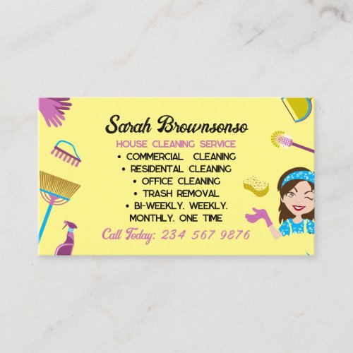 Yellow Lady Housekeeper cleaning Janitorial Business Card