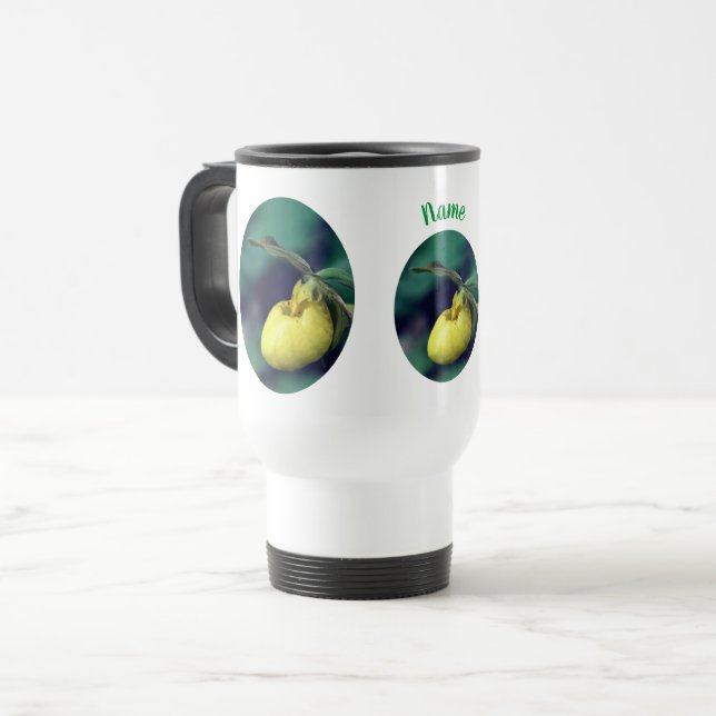 Yellow Lady Slipper Flower Personalized  Travel Mug (Front Left)