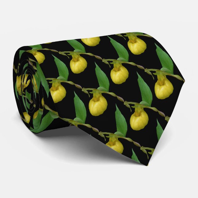 Yellow Lady Slipper Orchid Flower Nature Pattern Neck Tie (Rolled)