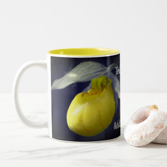 Yellow Lady Slipper Orchid Flower Personalized   Two-Tone Coffee Mug (With Donut)