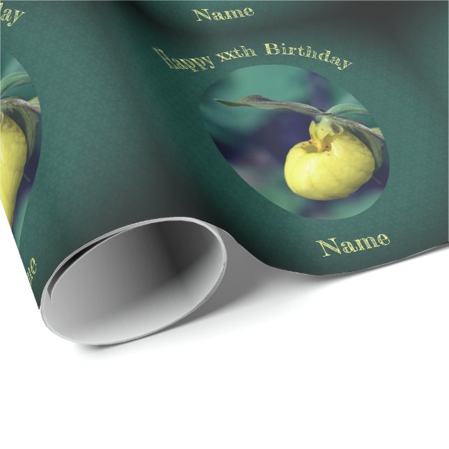 Yellow Lady Slipper Personalized Birthday  Wrapping Paper (Roll Corner)