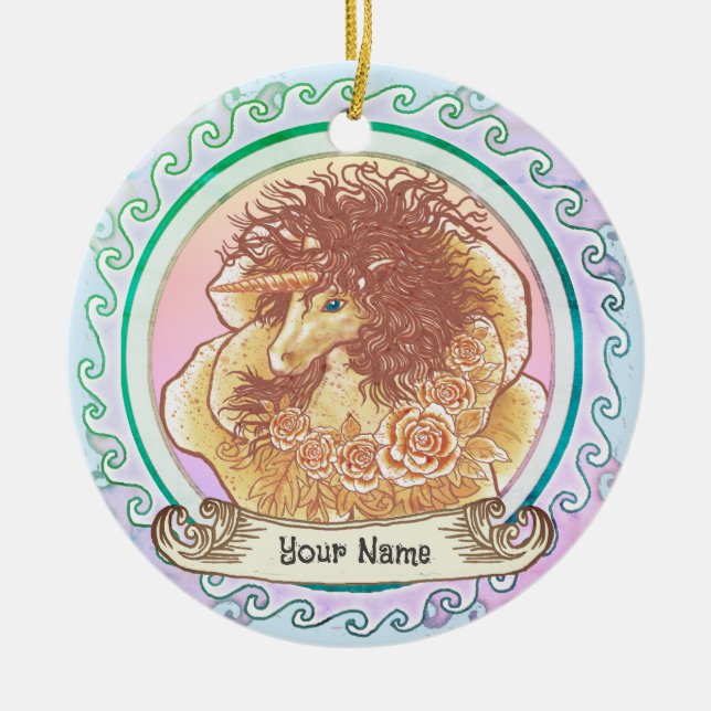 Yellow Lady Unicorn  Ceramic Ornament (Front)