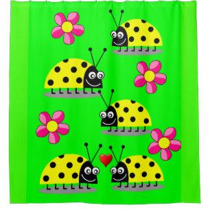 Yellow ladybug green children's showercurtain shower curtain