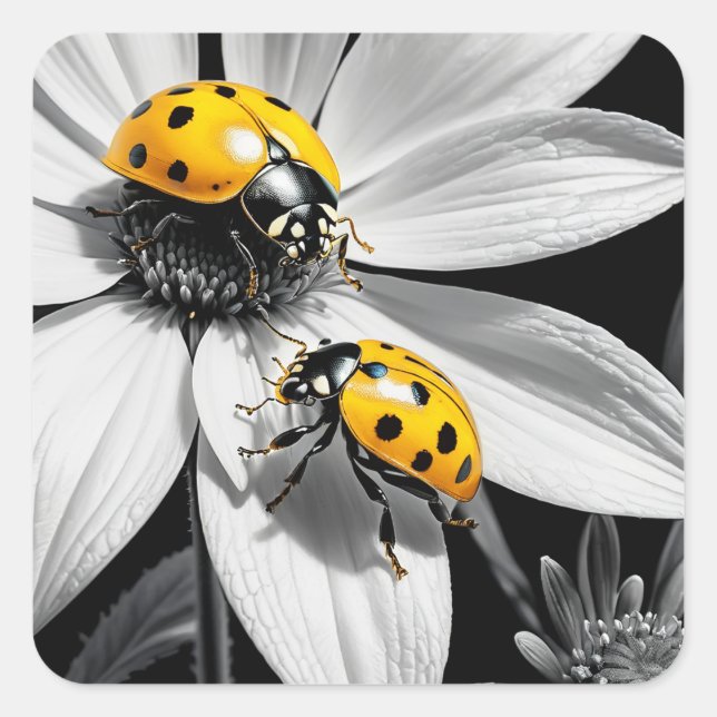 Yellow Ladybugs Beetle On Black White Flower Square Sticker (Front)