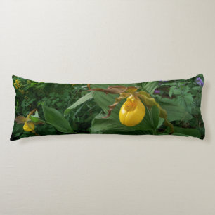 Yellow Lady's Slipper Orchid Flowers In Bloom Body Pillow