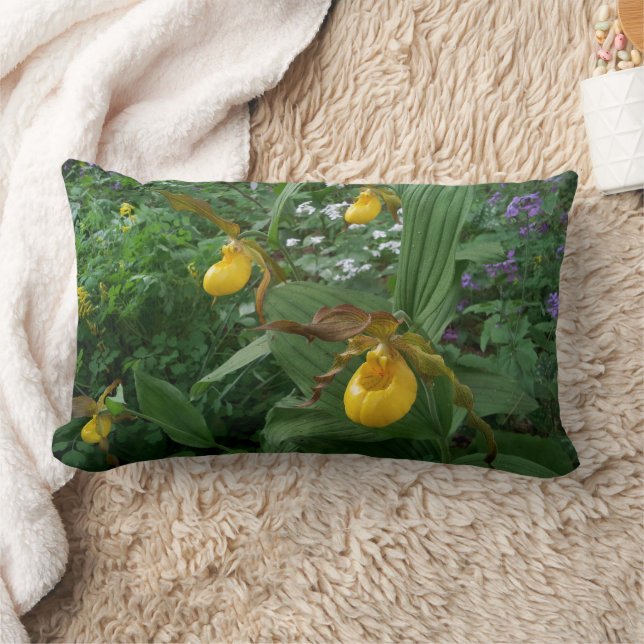 Yellow Lady's Slipper Orchid Flowers In Bloom Lumbar Pillow (Blanket)