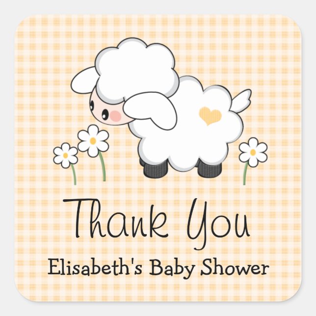 Yellow Lamb Baby Shower Labels Stickers (Front)