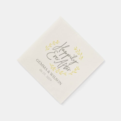 Yellow Laurel Leaves Happily Ever After Wedding Napkins