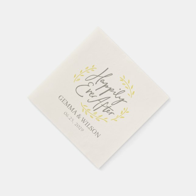 Yellow Laurel Leaves Happily Ever After Wedding Napkins (Corner)