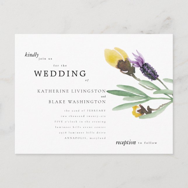 Yellow & Lavender Floral Budget Wedding Invitation Postcard (Front)