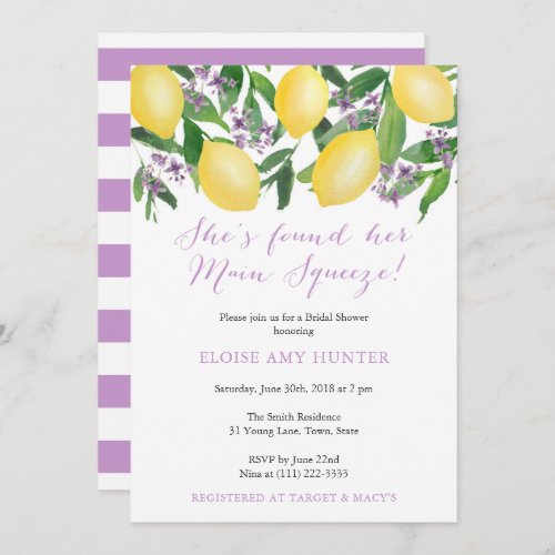 Yellow Lavender Lemons Main Squeeze Bridal Shower Invitation - Stylish watercolor lemons-themed "Main Squeeze" shower invitations.
 
If you would like wording other than "She's Found Her Main Squeeze", please send me a message via the email address in my store header banner. To avoid any delay, be sure to reference which invitation you would like a change to (send a link or a screenshot).