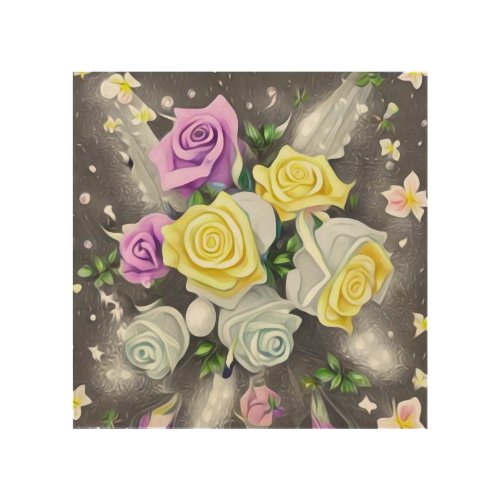 Yellow  Lavender Rose Bouquet Wood Wall Art