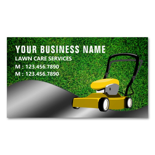 Yellow Lawn Mower Gardening Service Grass Cutting Business Card Magnet (Front)