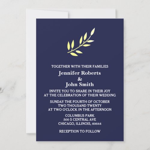 Yellow Leaf Art Navy Blue Simple Elegant Wedding Invitation