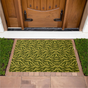Yellow Leaf Motif Pattern on Dark Green Background Doormat