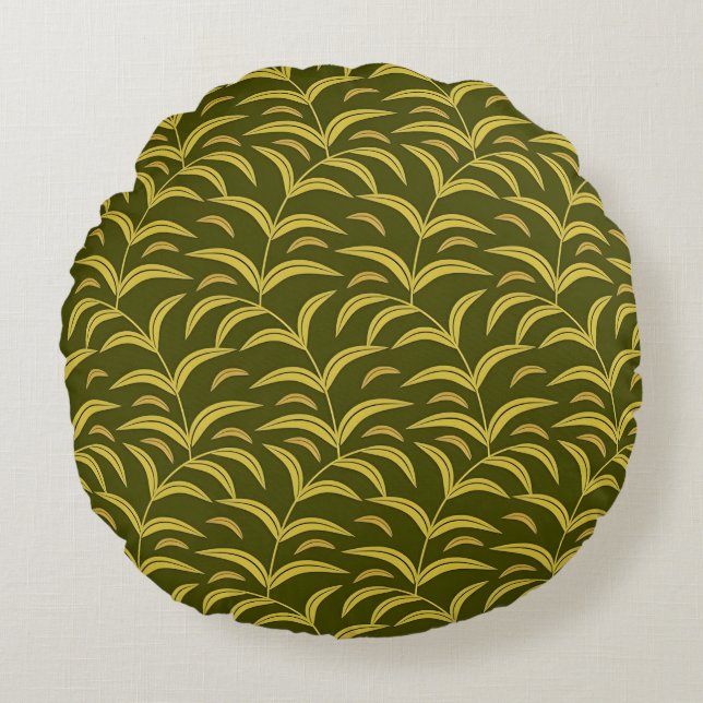 Yellow Leaf Motif Pattern on Dark Green Background Round Pillow (Front)