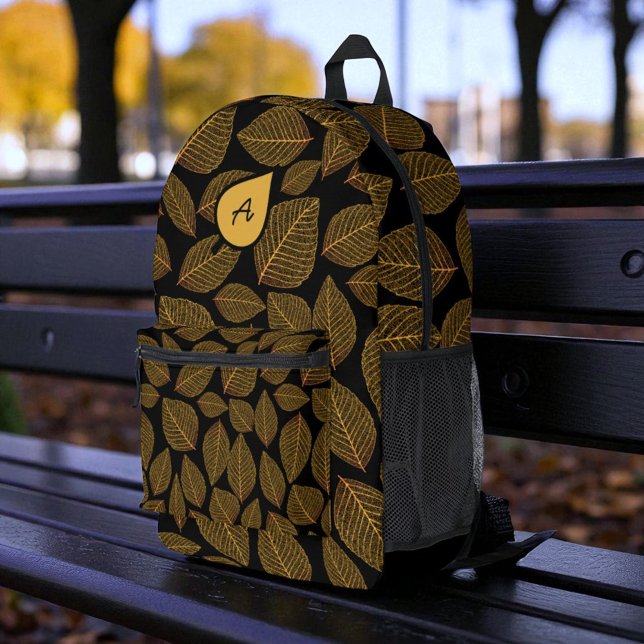 Yellow Leaf Skeleton Pattern Initial Monogram Printed Backpack (backpack with template monogram)