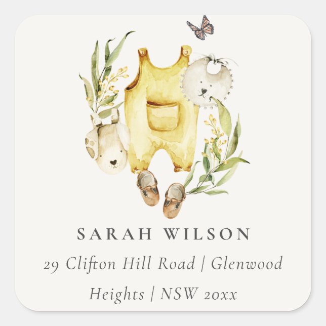 Yellow Leafy Foliage Clothes Baby Shower Address Square Sticker (Front)