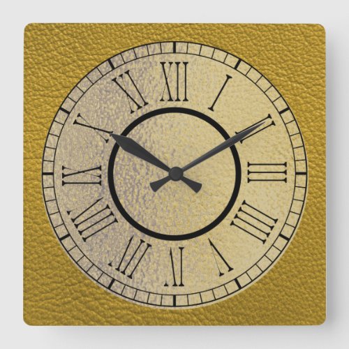 Yellow Leather w Gold and Roman Numerals Square Wall Clock