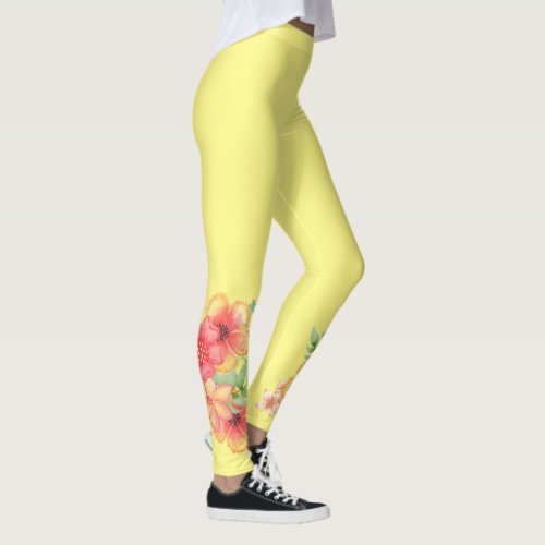 Yellow Leggings with Pink Peach Tropical Flowers