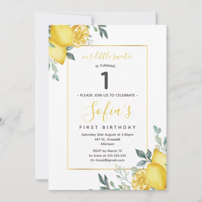 Yellow Lemon 1st Birthday Summer Party  Invitation (Front)