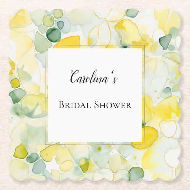 Yellow Lemon Abstract Bridal Shower   Paper Coaster (Front)