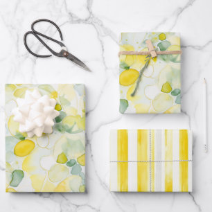 Yellow Lemon Abstract Stripes Bridal Shower Wrapping Paper Sheets