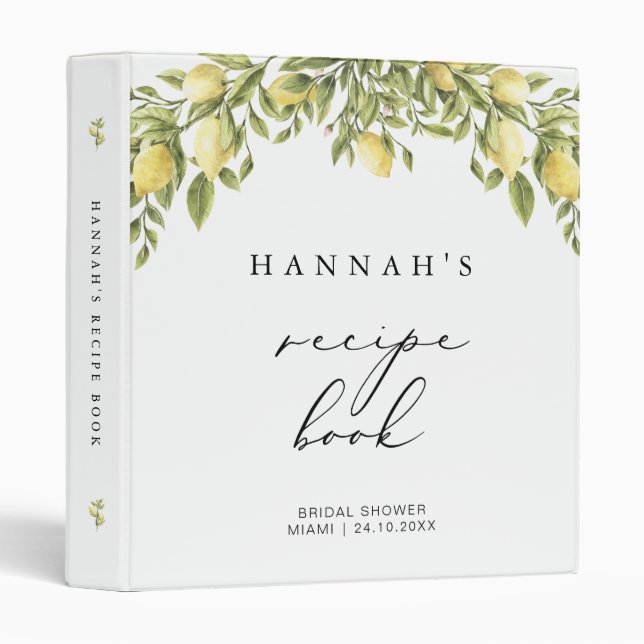 Yellow Lemon amalfi Bridal Shower Recipe 3 Ring Binder (Front/Spine)