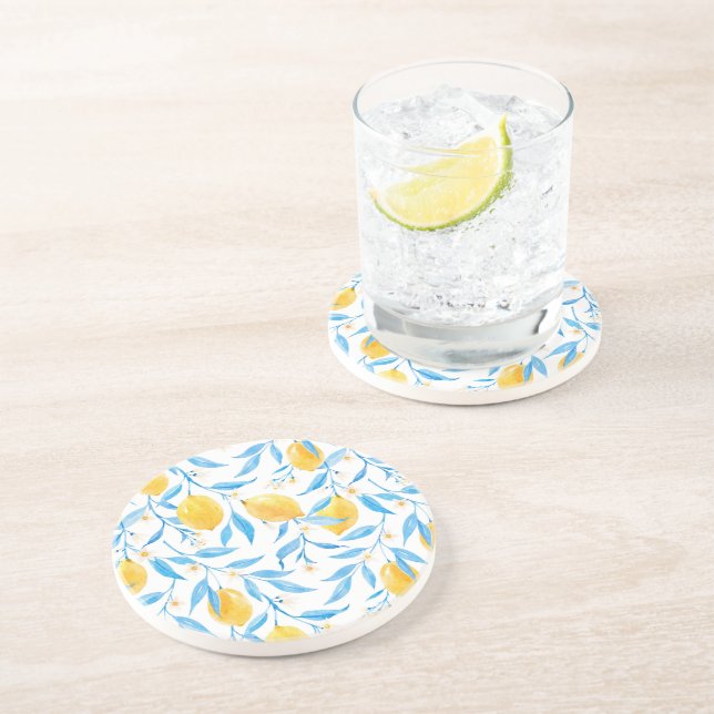 Yellow Lemon and Blue leaves Coaster (Side)