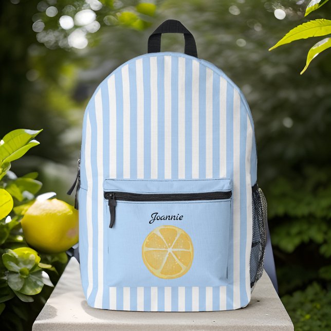 Yellow Lemon and Fresh Sky Blue Stripes Monogram Printed Backpack (Creator Uploaded)