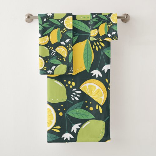 Yellow Lemon and Green Lime Fruit Food Pattern Bath Towel Set