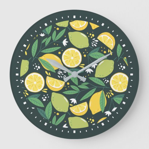 Yellow Lemon and Green Lime Fruit Food Pattern Large Clock