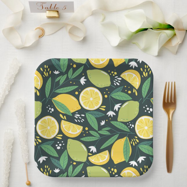 Yellow Lemon and Green Lime Fruit Food Pattern Paper Plates (Wedding)