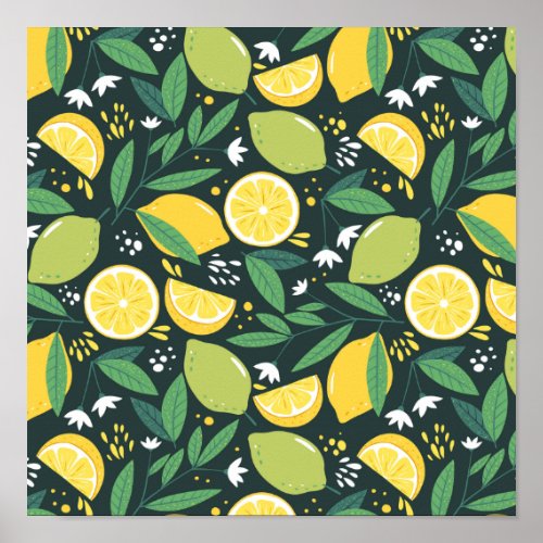 Yellow Lemon and Green Lime Fruit Food Pattern Poster