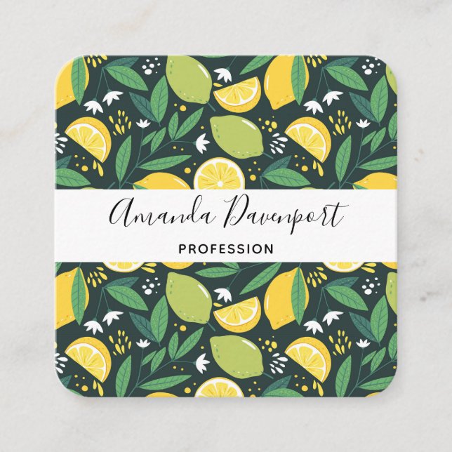 Yellow Lemon and Green Lime Fruit Food Pattern Square Business Card (Front)