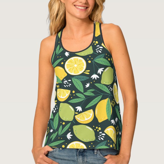 Yellow Lemon and Green Lime Fruit Food Pattern Tank Top (Front)