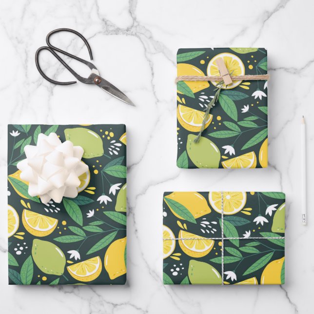 Yellow Lemon and Green Lime Fruit Food Pattern Wrapping Paper Sheets (Front)