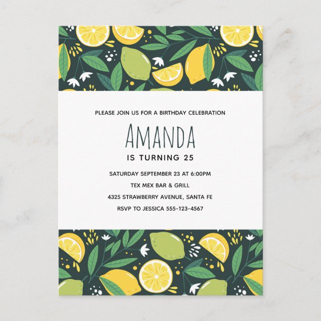 Yellow Lemon and Green Lime Fruit Pattern Birthday Invitation Postcard (Front)