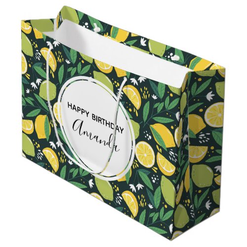 Yellow Lemon and Green Lime Fruit Pattern Birthday Large Gift Bag