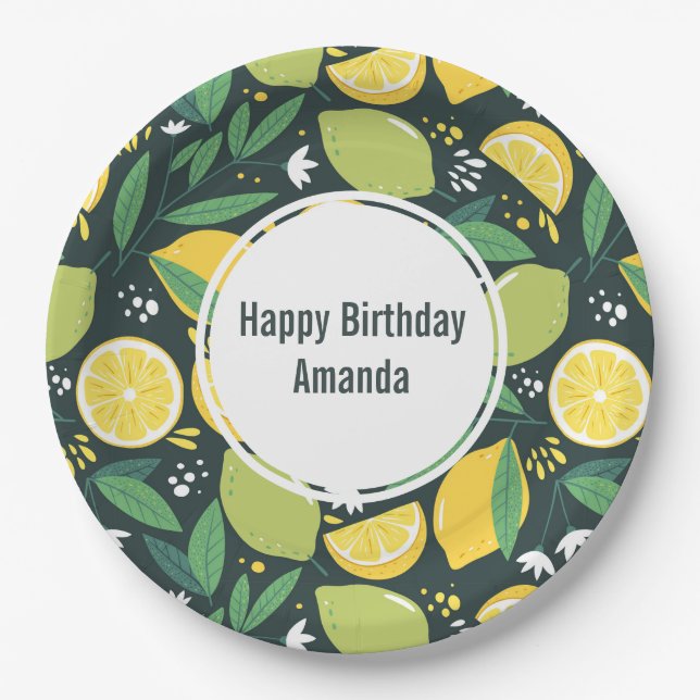 Yellow Lemon and Green Lime Fruit Pattern Birthday Paper Plates (Front)