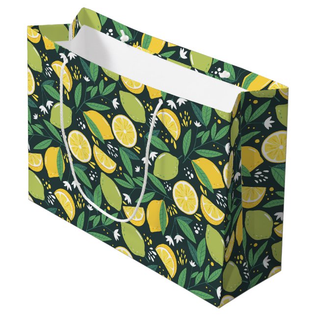 Yellow Lemon and Green Lime Fruit Pattern Large Gift Bag (Front Angled)